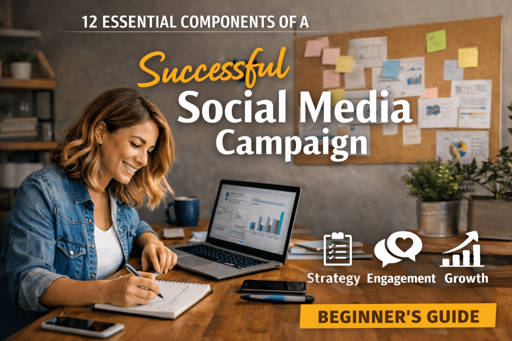 Lady working on a computer surrounded by a few tips for social media campaigns